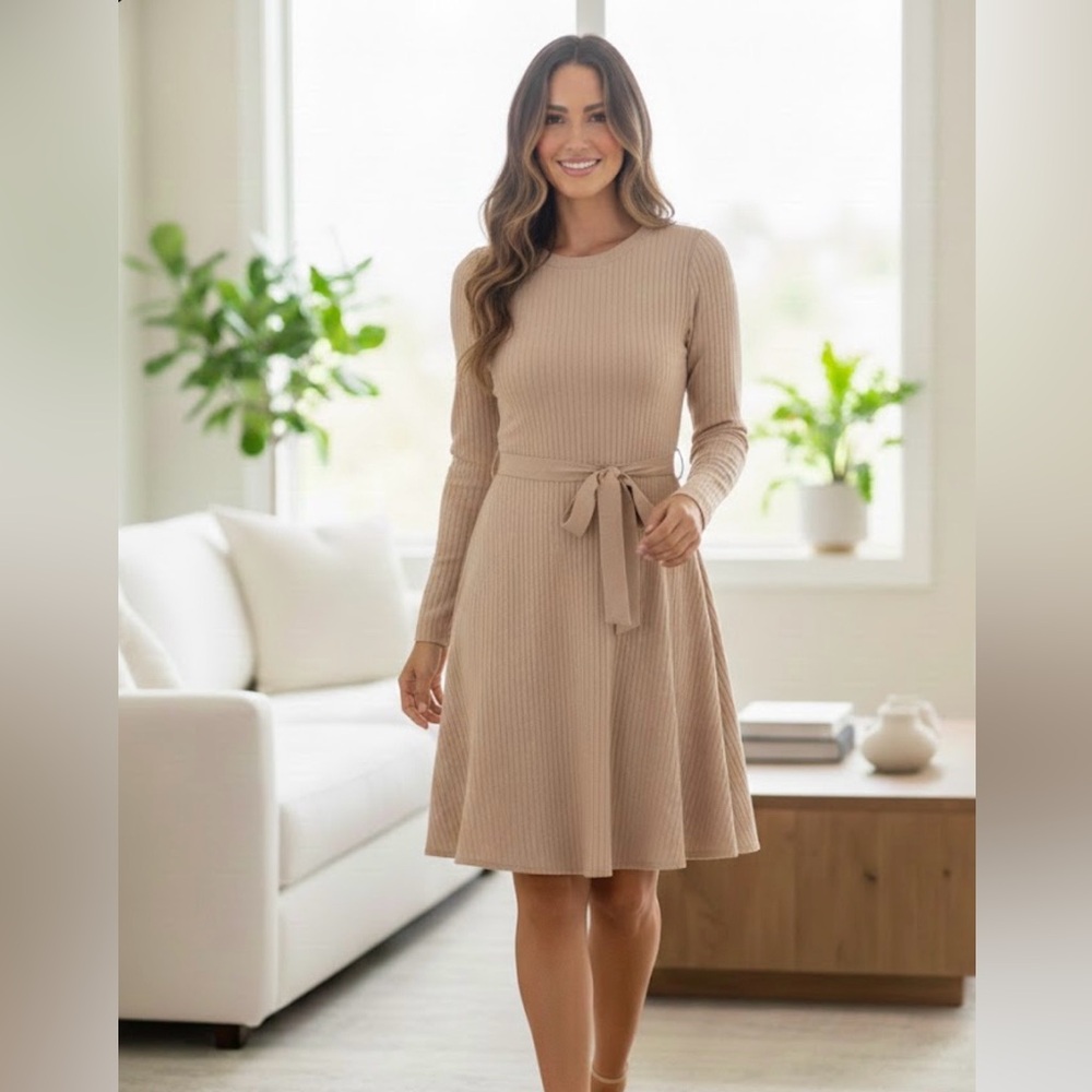 Anrabess Ribbed Knit Sweater Dress Size S Camel Long Sleeve Tie Waist A-Line